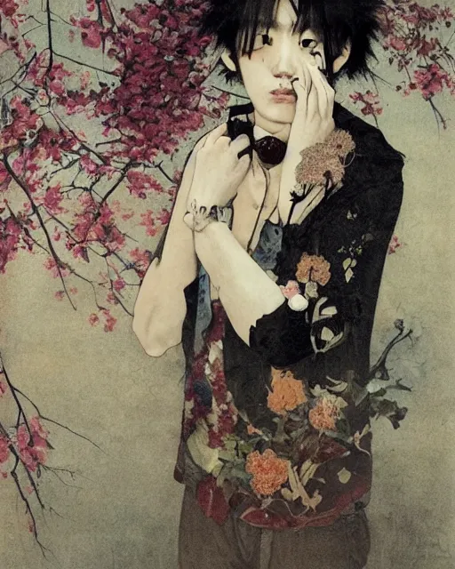 Image similar to a beautiful but creepy young korean man in layers of fear, with haunted eyes, violence in his eyes, wearing a punk outfit, 1 9 7 0 s, seventies, delicate embellishments, a little blood, woodland, moonlight shining on wildflowers, painterly, offset printing technique, by alexandre cabanel