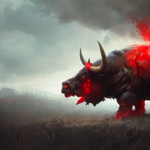 Image similar to giant angry bull with red eyes, steam breath, mysterious, epic concept art, epic painting, artstation, realistic, by greg rutkowski