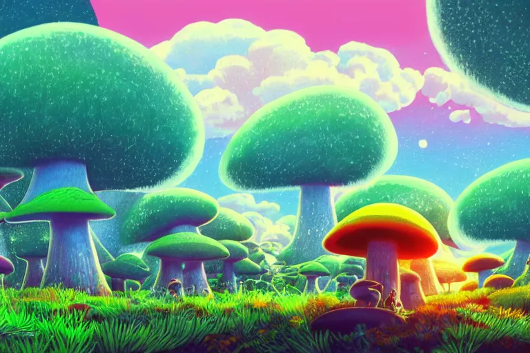 Prompt: illustration of a cat in a colorful forest landscape, giant mushrooms, sunset, unknown planet, by studio ghibli, rick and morty style. anime film, cinematic shot, artstation, insanely detailed, 4 k.