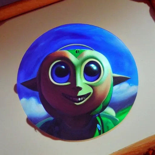 Image similar to zelda majora's mask moon in the sky, oil painting, beautiful, disney, pixar, artgerm