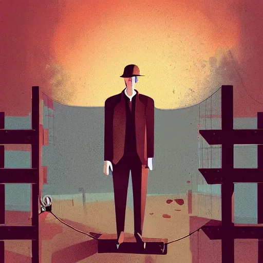 Image similar to a painting of a man standing in front of a wire fence by emiliano ponzi, james gilleard, dystopian art