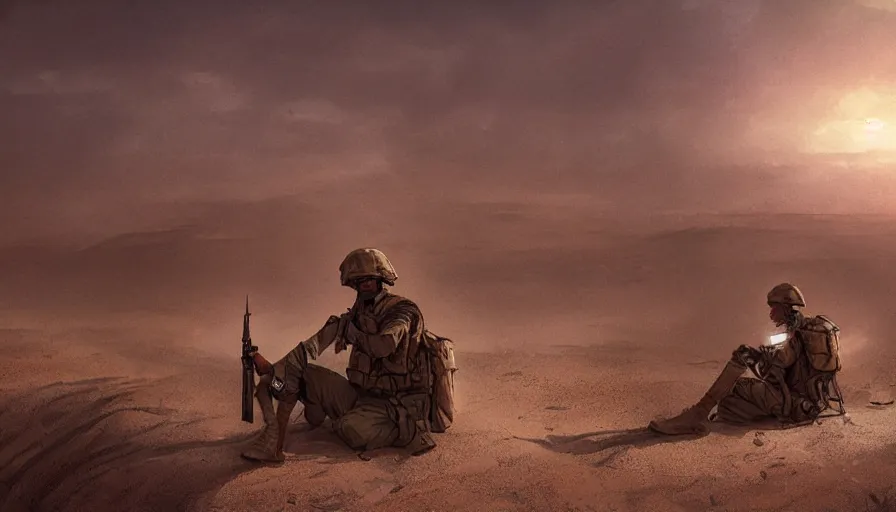 Image similar to beautiful digital painting of a soldier in a trench waiting for the war to end, in the sahara desert. cinematic lighting, atmospheric emotions by greg rutkowski,