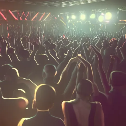 Image similar to a detailed picture of adolf hitler dancing at a rave, edm fans, neon lights, dance club rave, volumetric lighting, greg rutkowski and alphonse mucha, 8 k, octane render