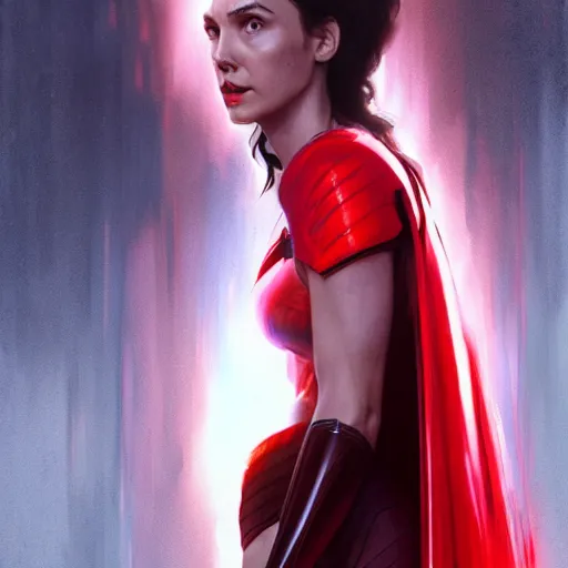 Image similar to a potrait of Gal Gadot as Scarlet witch by Greg Rutkowski, Sung Choi, Mitchell Mohrhauser, Maciej Kuciara, Johnson Ting, Maxim Verehin, Peter Konig, 8k photorealistic, cinematic lighting, HD, high details, dramatic, trending on artstation, full body shot