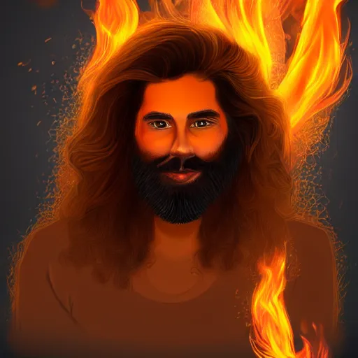 Image similar to art made of fire of a flawless man with long hair, with trimmed beard, smiling widely. fire in a shape of a man, extremely detailed, award-winning art, trending on Artstation