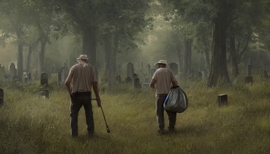 Image similar to old man with his can and hat walking in cemetery covered by vegetation, hyperdetailed, artstation, cgsociety, 8 k