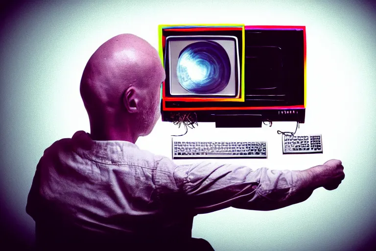 Prompt: a man with a very very big ++++brain!!!!!!!!! is connected by wires to a old computer!! computer!!!!!!!!, colourful, Cinematic, filmic, 35mm, dark atmosphere, horror, scary, Wildlife photography, Polaroid, bad quality