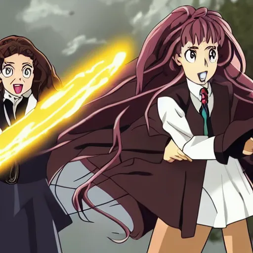 Image similar to hermione granger fighting against bellatrix lestrange, in the style of studio gainax, 2 0 1 9 harry potter anime series finale