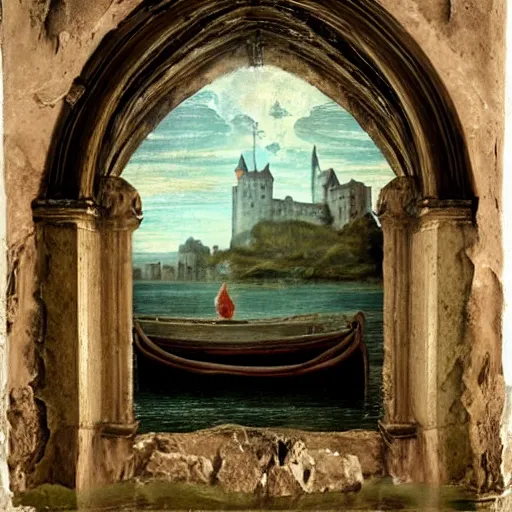 Image similar to an abandoned castle that sits on an island in the middle of a dark lake, there are cobwebs and dust hanging all over the castle and there is a ghostly apparition in one of the windows, a worn boat floats on the lake in front of the castle, renaissance painting, high quality