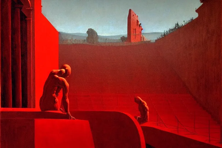 Image similar to only with red, a red melted emperor in an authoritarian position, taormina amphitheatre, crowd hails him, in the style of beksinski, parts by edward hopper, parts by rodcenko, parts by yue minjun, intricate and epic composition, red by caravaggio, insanely quality, highly detailed, masterpiece, red light, artstation, 4 k