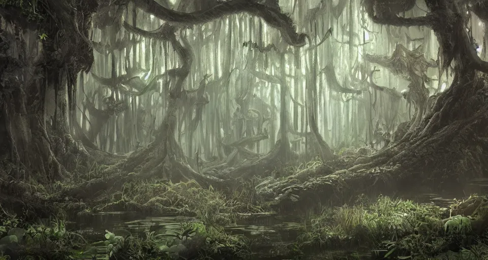 Image similar to A dense and dark enchanted forest with a swamp, by Disney Concept Artists