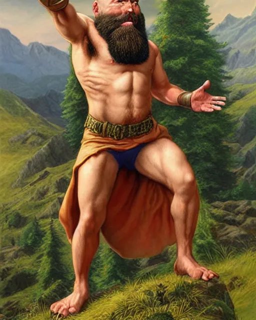 Image similar to a bald warrior male dwarf with long brown beard in a mountainous landscape, art by mark brooks, jason edmiston, glenn fabry
