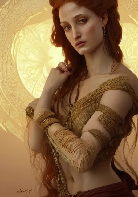 Image similar to sansa old mummy angeline jolie gessica chastain, intricate, elegant, highly detailed, digital painting, artstation, concept art, smooth, sharp focus, illustration, art by artgerm and greg rutkowski and alphonse mucha and william - adolphe bouguereau