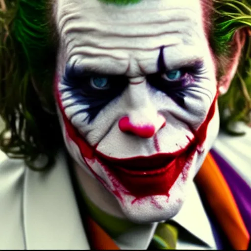 Prompt: Film still of Willem Dafoe as the Joker, Colour splash red