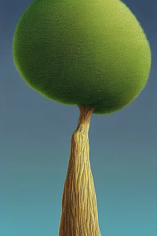 Image similar to an impossibly tall pompom tree with a slim trunk, viewed from below, ant perspective, digital illustration by chris van allsburg and artgerm, surreal, photorealistic