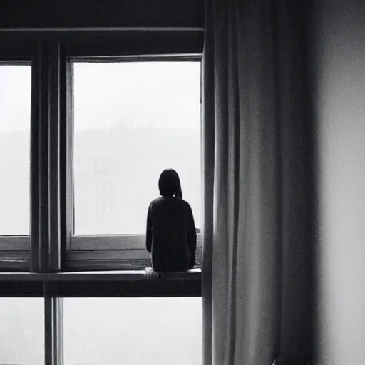 Image similar to a woman sitting on a window sill looking forward out the window, grey sweater, a stock photo by chen jiru, tumblr, aestheticism, movie still, pretty, pixiv