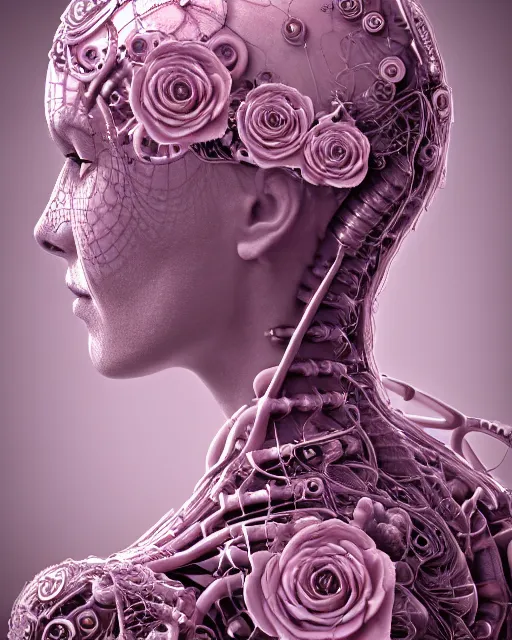 Image similar to mythical dreamy organic bio - mechanical spinal ribbed profile face portrait detail of translucent steampunk beautiful intricated monochrome angelic - human - queen - vegetal - cyborg, highly detailed, intricate translucent pale pink ivy jelly ornate, poetic, translucent roses ornate, 3 d render, digital art, octane render, 8 k artistic lithography