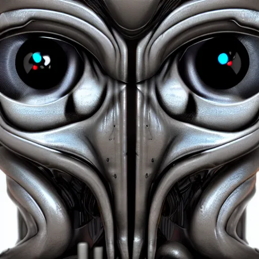 Image similar to a cyborg synthesizer alien face closeup, fisheye lens, detailed unreal engine 5 render