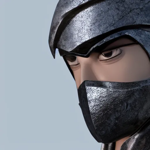 Image similar to focused 3 d rendering of marble and chrome statue of ninja wearing full face mask and hunter hat, combat suit, technological, octane render, all marble