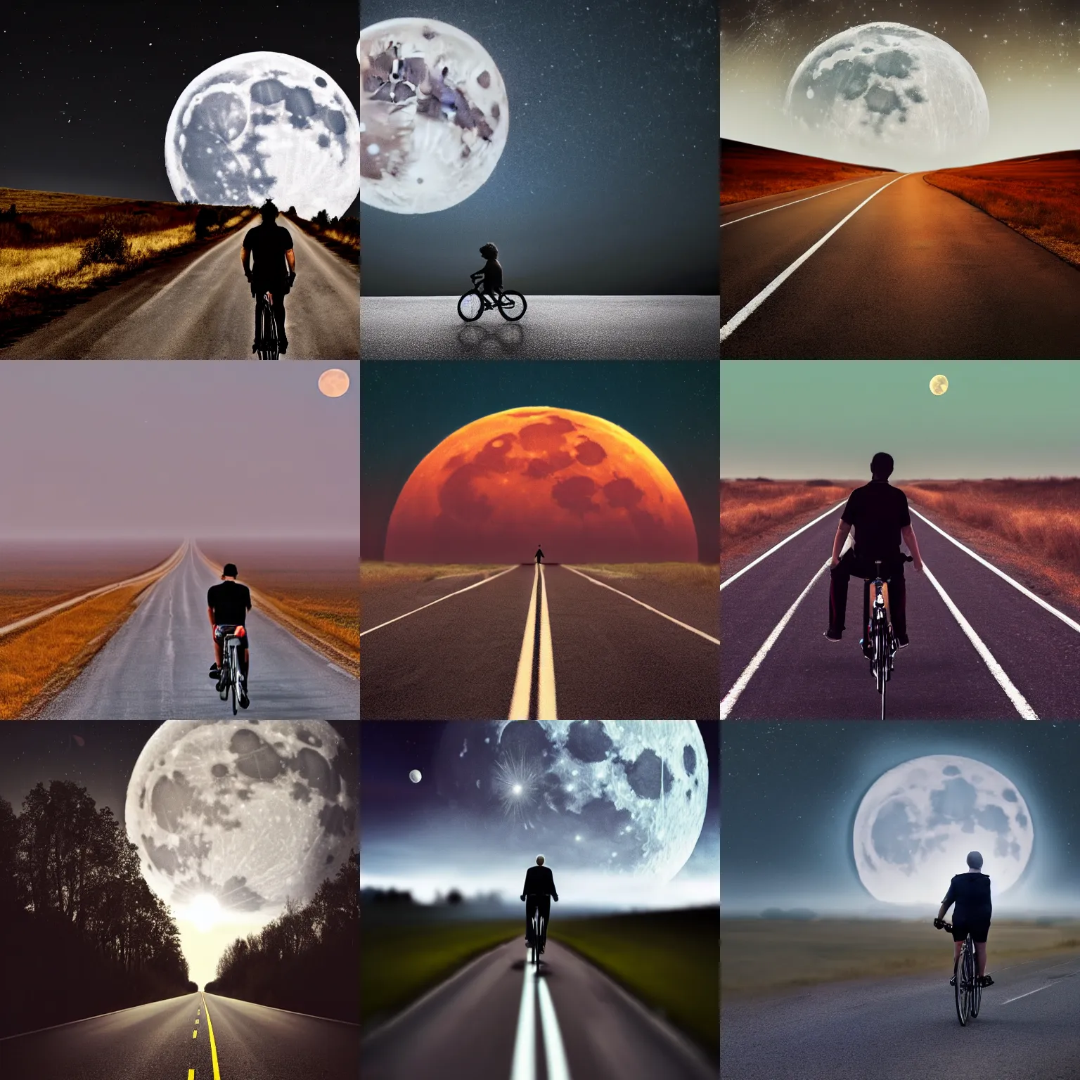 Prompt: high detail award winning photograph of a man riding a bicycle on a long lonely road in front of a giant moon, cinematic, atmospheric, spooky, hazy, 8k, tranquil, desolate