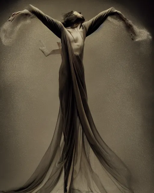 Image similar to mid shot render of an ethereal ghostlike figure fluid simulation in houdini dancing in dark smoke robes and silk veils by ilm, paolo roversi, nick knight, gill elvgren, beautiful futuristic simplified form distorted by turbulent movement, dark studio background, deep color, trending on artstation, hyperrealism, matte painting, dutch golden age, fine detail, cgsociety