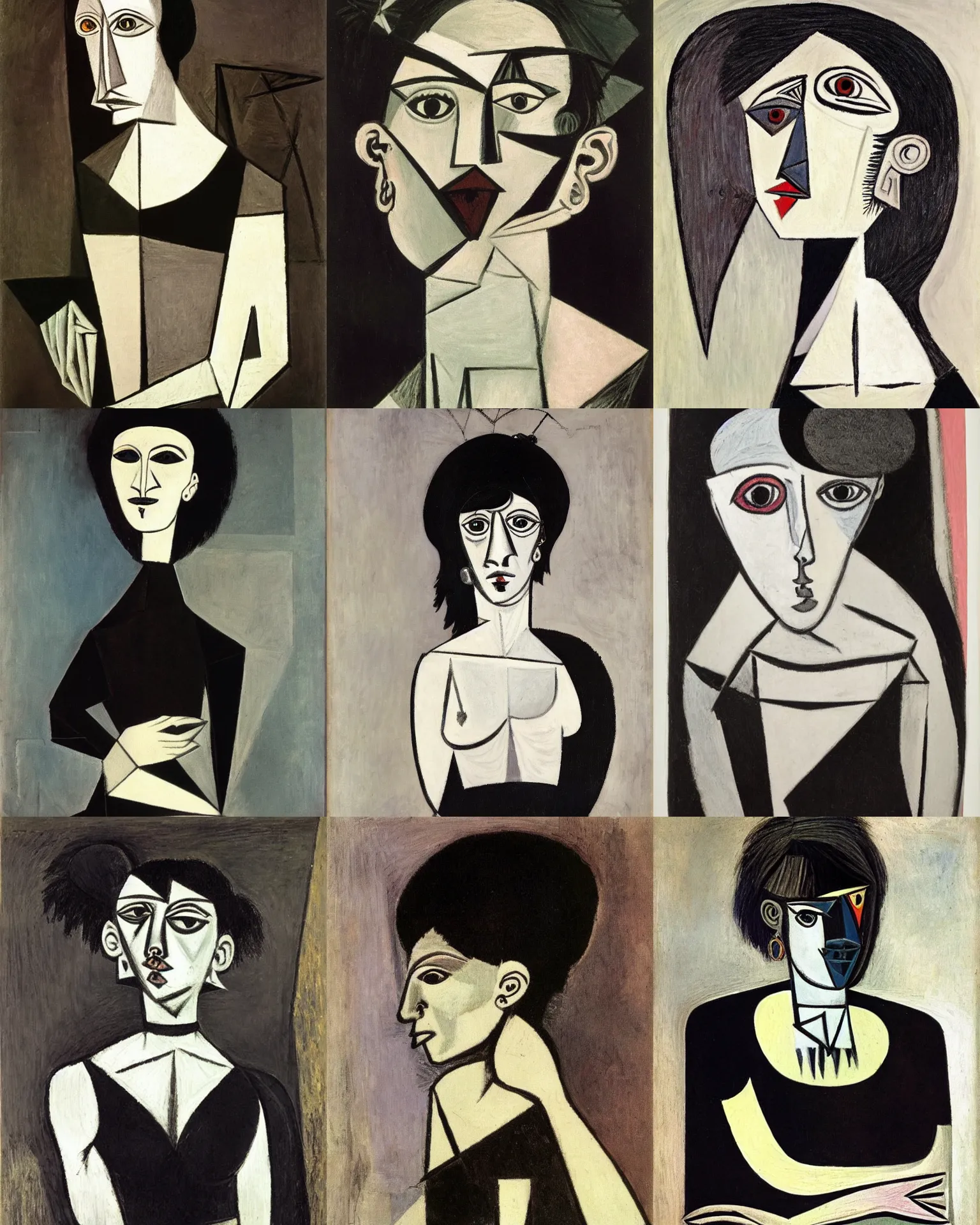 Prompt: a portrait of a goth by Pablo Picasso. Her hair is dark brown and cut into a short, messy pixie cut. She has a slightly rounded face, with a pointed chin, large entirely all pitch-black eyes, and a small nose. She is wearing a black tank top, a black leather jacket, a black knee-length skirt, a black choker, and black leather boots.