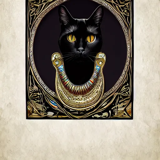 Image similar to beautiful, gorgeous art nouveau painting of a black egyptian cat, impressive, wonderful, very detailed, perfect anatomy, symmetrical, trending on artstation, masterpiece