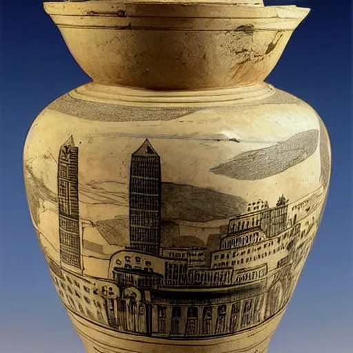 Image similar to a beautiful, ancient, greek amphora container, museum item, with drawings of new york's skyline