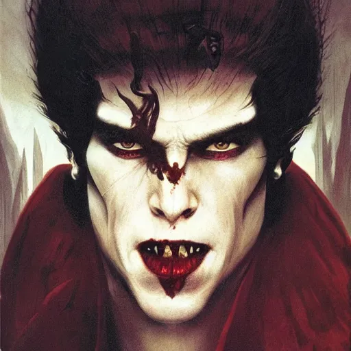 Image similar to head and shoulders vogue photo portrait of a male vampire, d & d, fantasy, greg rutkowski, frank frazetta, alexandre chaudret, boris vallejo, michael whelan, miro petrov, hr giger, magali villeneuve, donato giancola