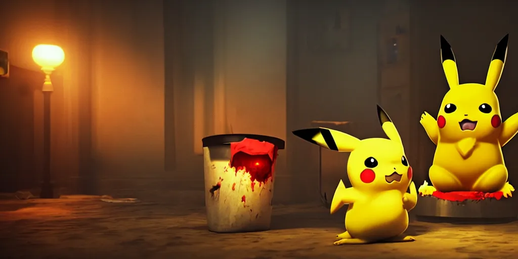 Image similar to pikachu devouring and eating and killing a dog sharp teeth burtal eyes scary mouth dark room red candles trash bin octane unreal engine render 8k photorealistic extreme detail textured