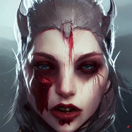 Image similar to trending on artstation, dhamphir, vampire, character design, concept art, style of greg rutkowski, face, plate armor, fantasy, highly detailed, digital art, female