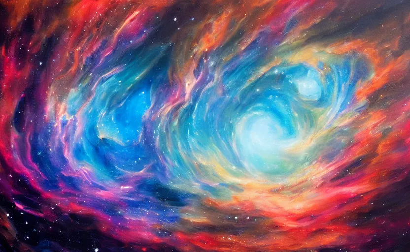 Prompt: an abstract oil painting of an unbelievably beautiful space nebula; hyper-detailed; an extraordinary masterpiece!!!; flawless; trending on artstation