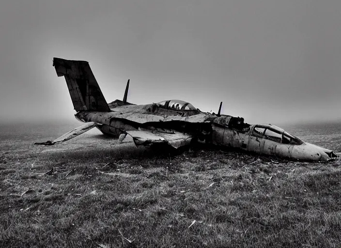 Image similar to black and white photograph of a crashed abandoned fighter jet in kansascity, rainy and foggy, soft focus