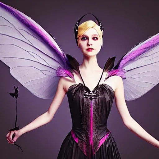 Image similar to fairy with wings, similar to maleficent, fantasy, lord of the rings, dark mood