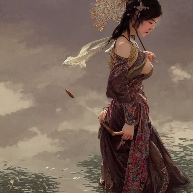 Image similar to portrait of a beautiful seductive slightly plump european girl wearing hanfu walking on water, farm background, fantasy, d & d, dark eyeliner, intricate, elegant, highly detailed, digital painting, artstation, concept art, matte, sharp focus, illustration, art by greg rutkowski and alphonse mucha