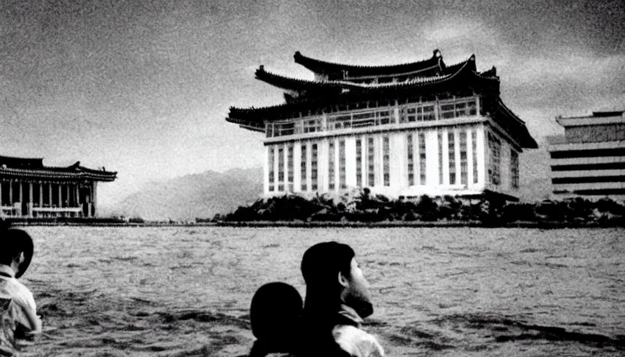 Prompt: a film still of a north korean monster movie, kaiju - eiga monster starfish - like over traditional korean palace split in half, film noir, video compression, ripple effect