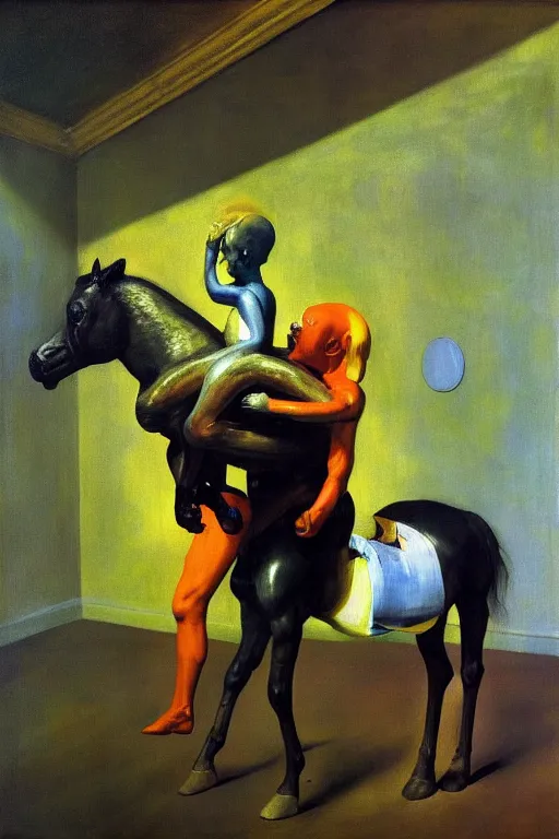 Prompt: astronaut carrying baby horse, hauntingly surreal, highly detailed painting by francis bacon, edward hopper, adrian ghenie, gerhard richter, and james jean soft light 4 k,