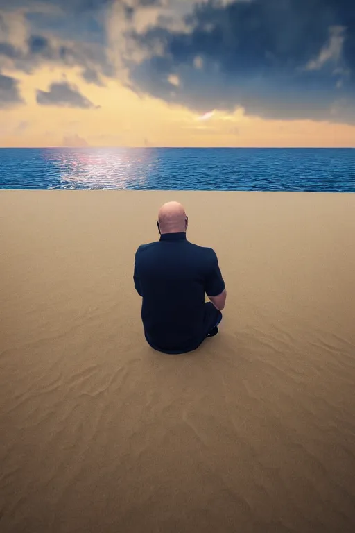 Image similar to Kevin O'Leary sitting on the beach looking to the sea at sunrise, concept art, octane render, unreal engine 5, trending on Artstation, high quality, highly detailed, 8K, soft lighting, godrays, path tracing, serene landscape, turbulent sea, high coherence, anatomically correct, hyperrealistic, sand, beautiful landscape, cinematic, clouds in the sky