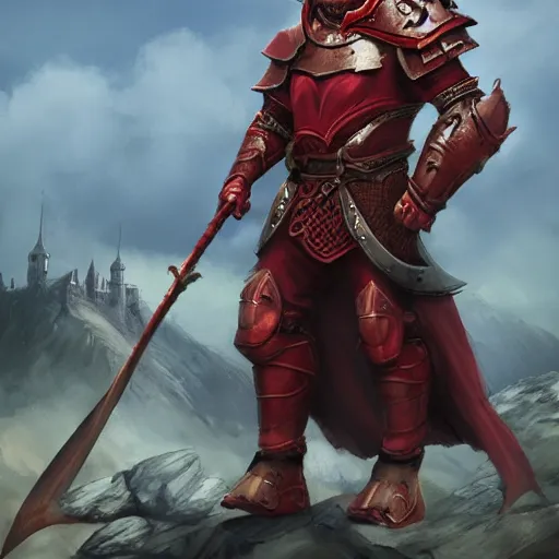 Image similar to A noble red dragonborn paladin with a halberd heroically posing in front of a castle, fantasy, medieval, cinematic, serious expression, 8k, trending on artstation, Bayard Wu, Rudy Siswanto, Sam Santala, In the style of Clint Cearley