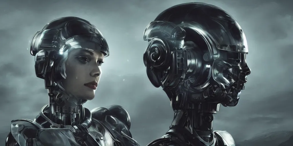 Image similar to beautiful girl cyborg-armored portrait in a surreal dream landscape, cinematic lighting, Marco Plouffe, 8k