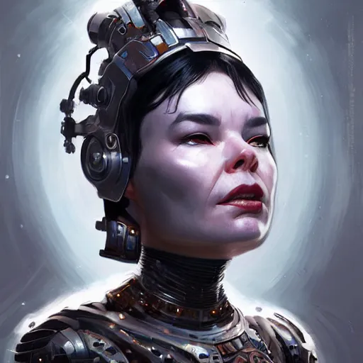 Prompt: bjork as a cyborg, fantasy, portrait, highly detailed, digital painting, trending on artstation, concept art, sharp focus, illustration, art by artgerm and greg rutkowski and magali villeneuv