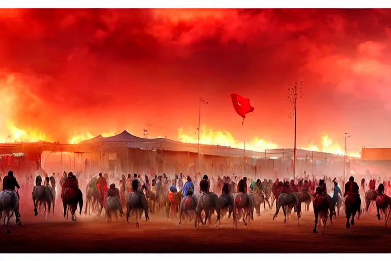 Image similar to karbala battle field, imam hussain, horses and people panicked, red cloudy sky, tents on fire, women running away, photo realistic painting