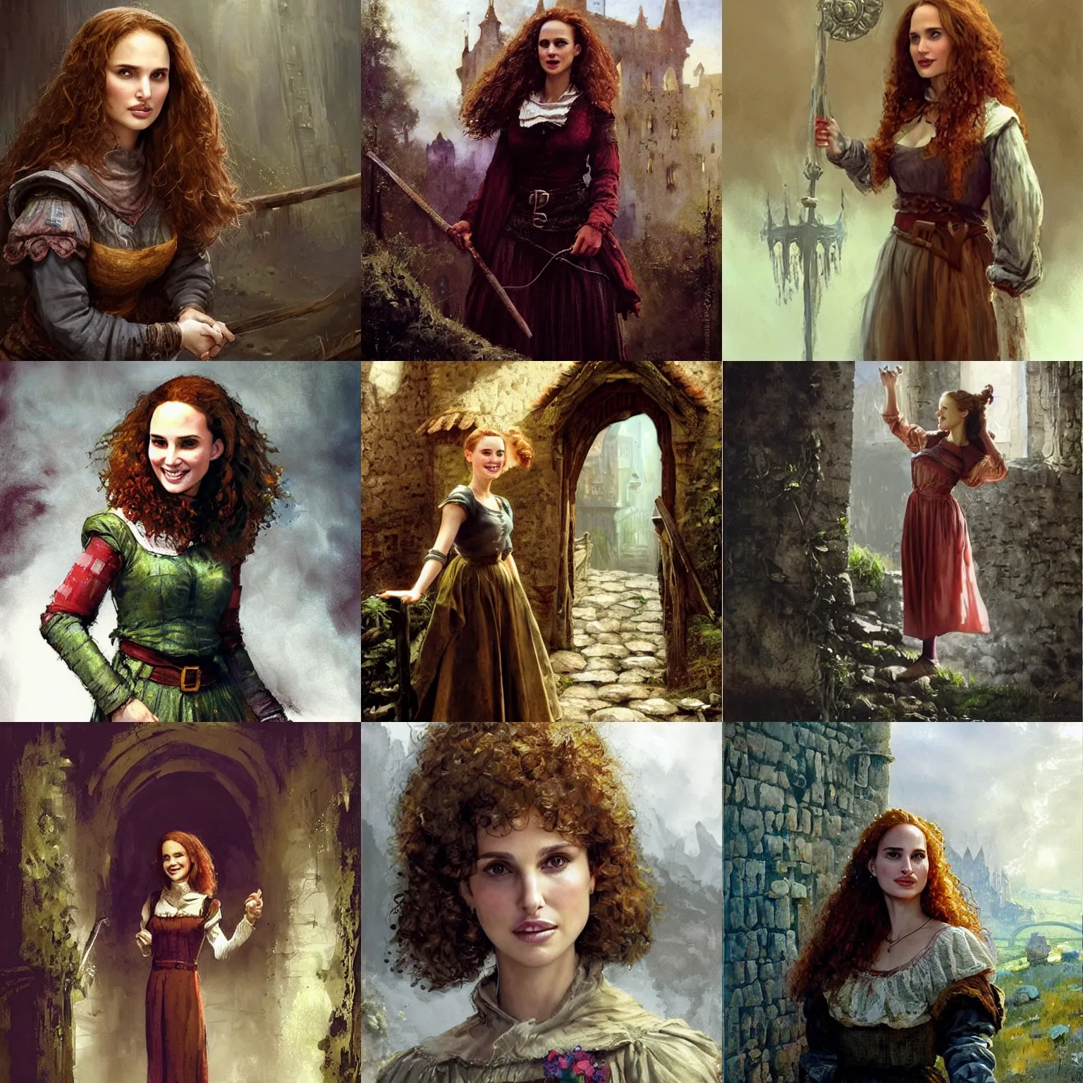 Prompt: young, freckled, curly haired, redhead natalie portman as a optimistic!, cheerful, giddy medieval innkeeper in a dark medieval inn. dark shadows, colorful, law contrasts, fantasy concept art by jakub rozalski, jan matejko, and j. dickenson