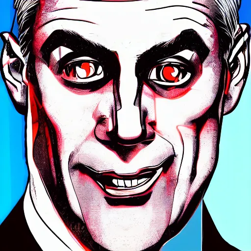 Prompt: digital illustration of secretary of denis mcdonough face, cover art of graphic novel, eyes replaced by glowing lights, glowing eyes, flashing eyes, balls of light for eyes, evil laugh, menacing, villain, clean lines, clean ink