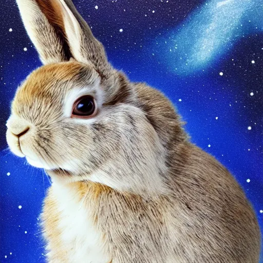 Image similar to serious rabbit's face, front view, filled with nebula, higher realistic, detailed