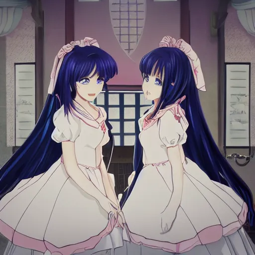 Image similar to a stare down between two beautiful maids standing face to face, detailed anime art