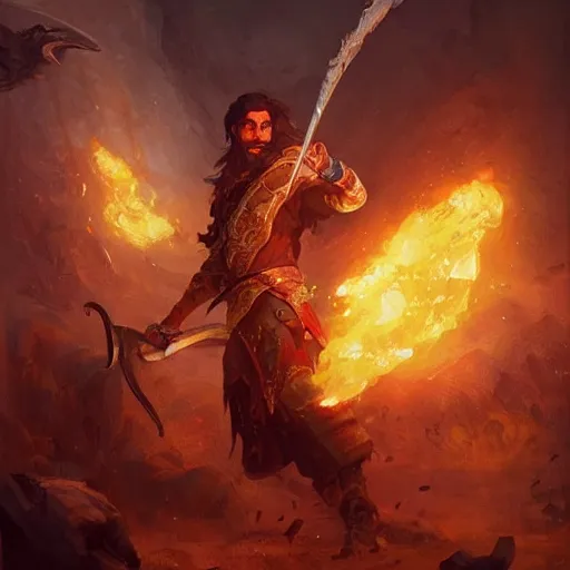 Image similar to beautiful painting of a male halfing bard, casting fireball and killing a whole village, painted by greg rutkowski