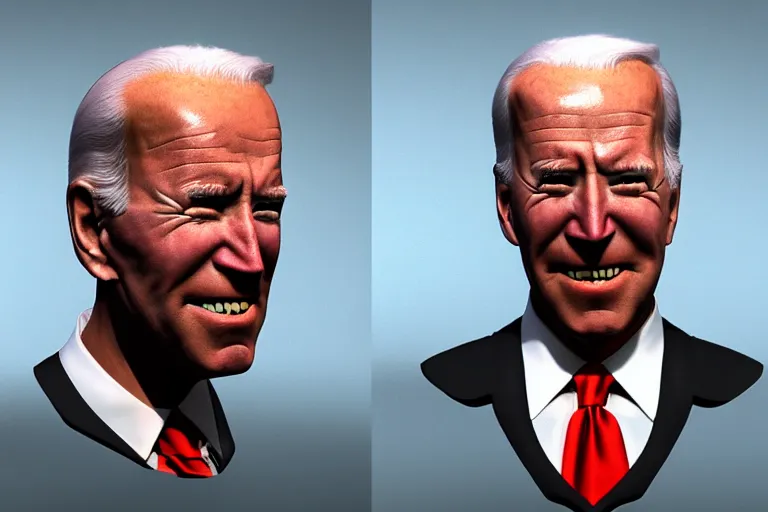 Image similar to creepy ugly hilarious 3 d surreal joe biden portrait, featured on artstation, cgsociety, unreal engine, octane, volumetric lighting, rtx on, intricately detailed, award - winning,