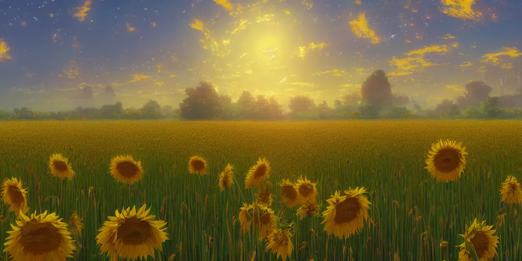 Prompt: A beautiful ultradetailed field of blooming sunflowers and wheat grass, by Mike Winkelmann, makoto shinkai, and thomas kinkade, anime art 4k, trending on artstation