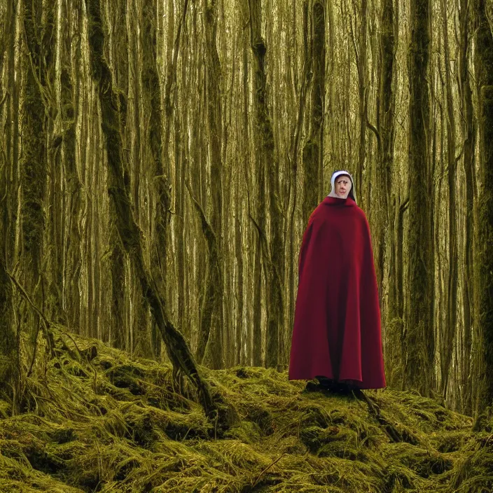 Prompt: a woman wearing a hood made of wire and plastic, in vast mossy forest, by jan van eyck, canon eos c 3 0 0, ƒ 1. 8, 3 5 mm, 8 k, medium - format print